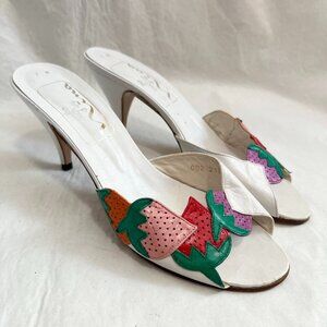 Vintage high heel sandals fruit strawberries white leather slides size 7 Nina